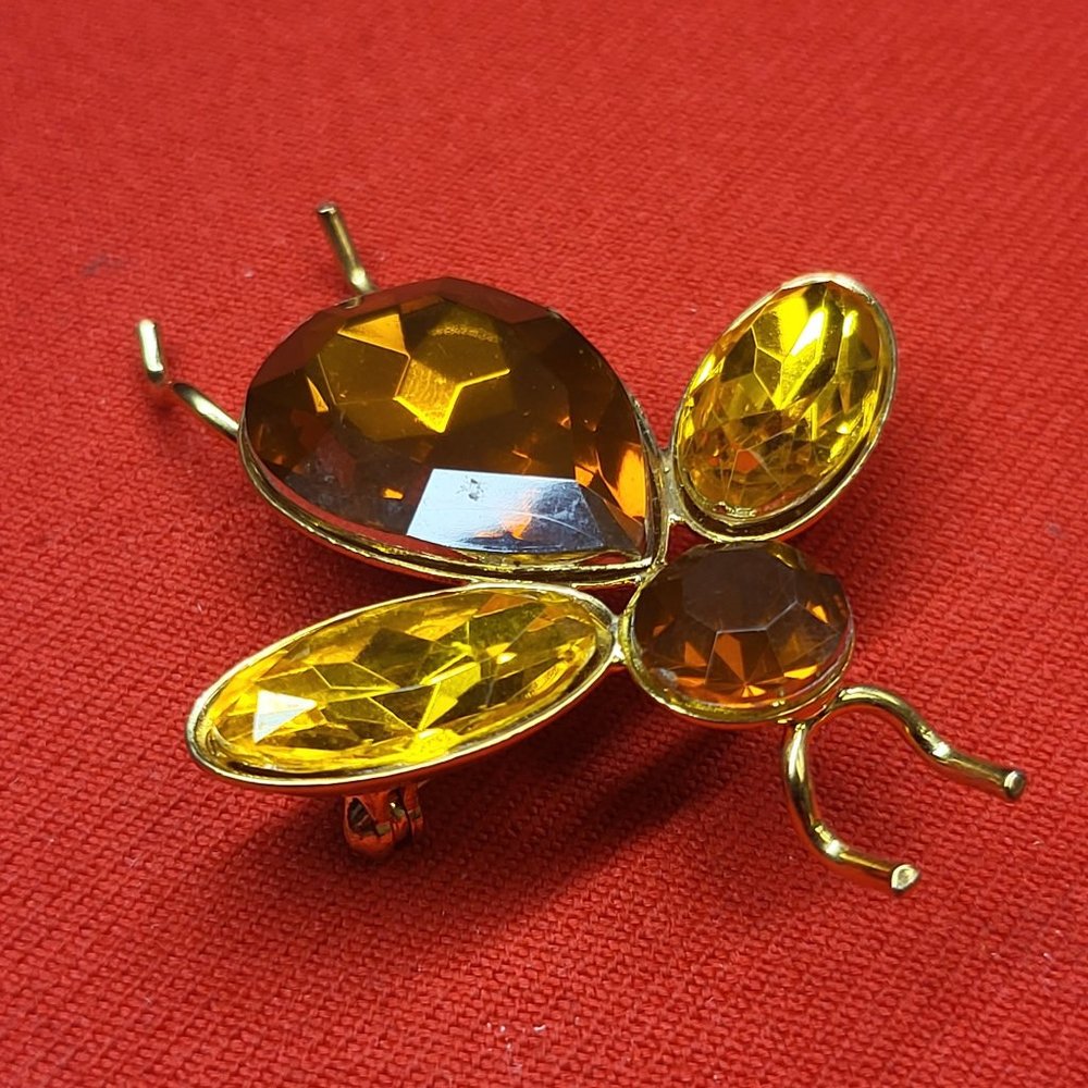VTG Bee Brooch Lucite Citrine Topaz Orange Golden Yellow Faceted Large Insect Cr - Picture 8 of 12